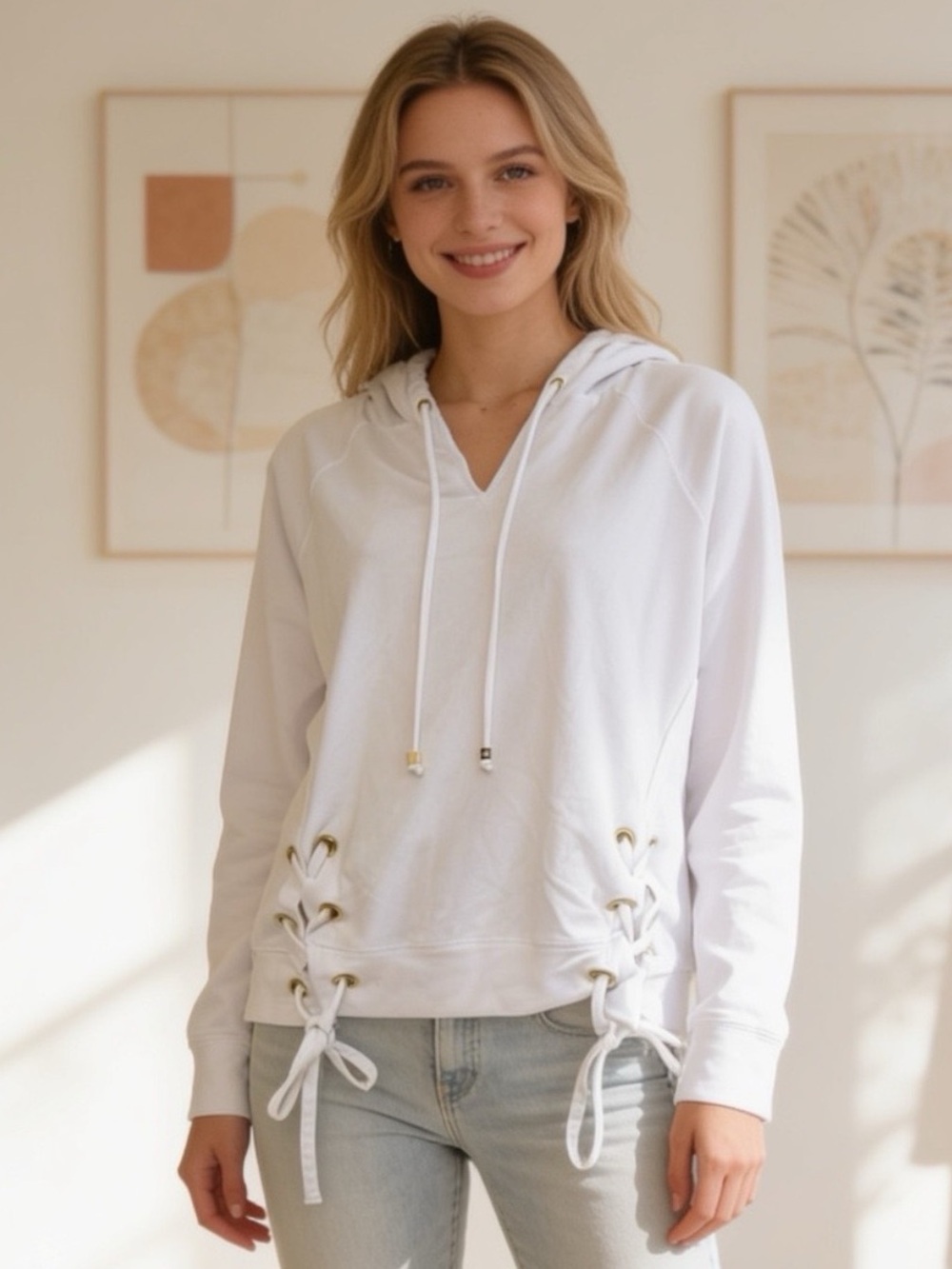 Michael Kors White Lace-Up Grommet Hoodie Sweatshirt Size Small